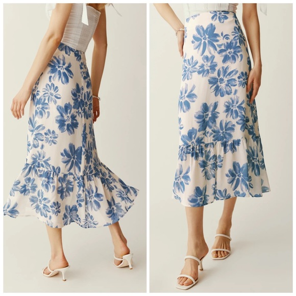 REFORMATION Roma midi Skirt floral white and blue Celestia color size 6 - Picture 4 of 10